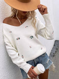 Ladies Flower Embroidery V-Neck Sweater E2201 - SWEETKAMA