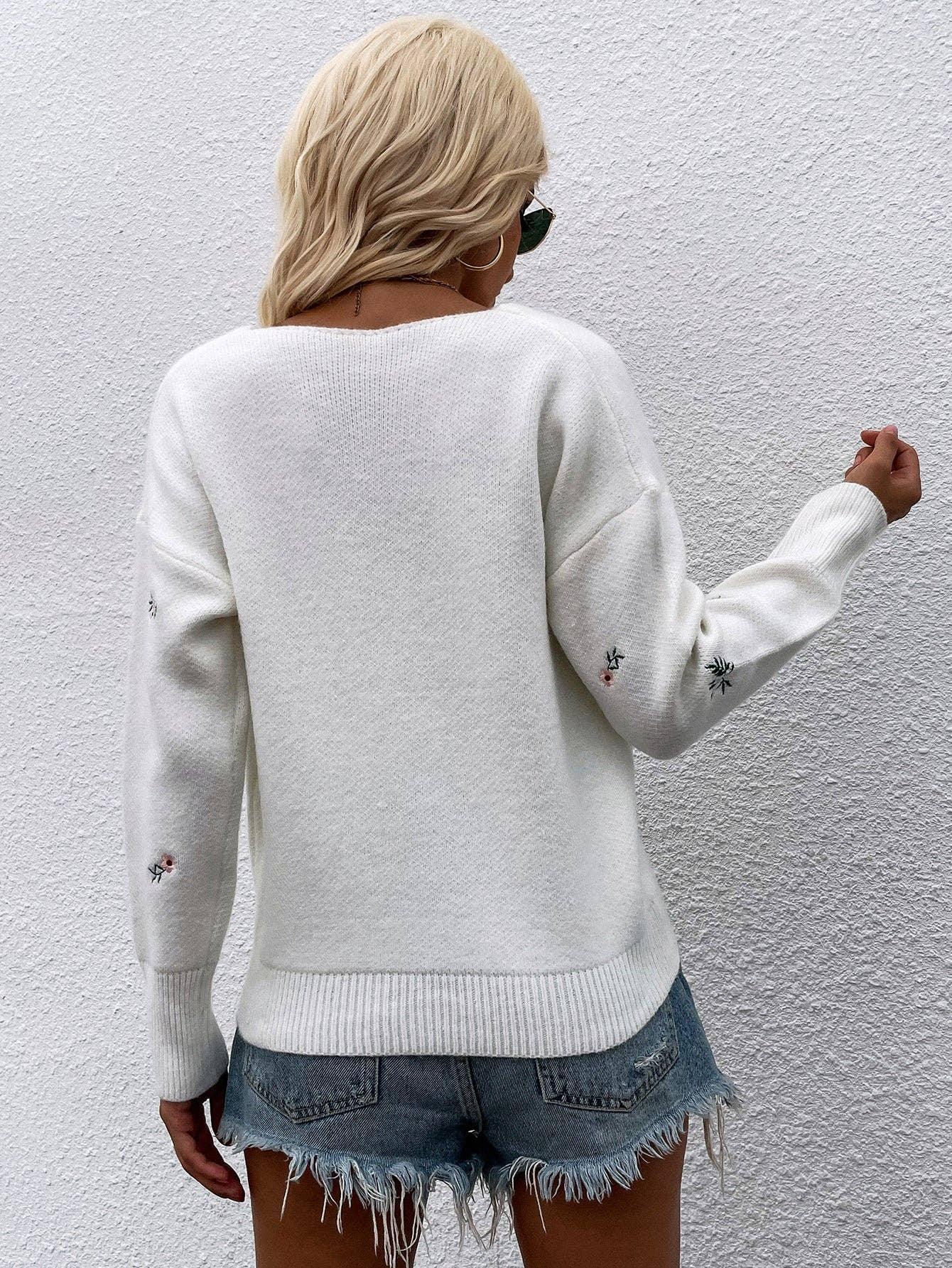 Ladies Flower Embroidery V-Neck Sweater E2201 - SWEETKAMA