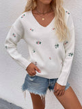 Ladies Flower Embroidery V-Neck Sweater E2201 - SWEETKAMA