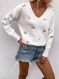 Ladies Flower Embroidery V-Neck Sweater E2201 - SWEETKAMA