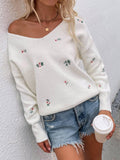 Ladies Flower Embroidery V-Neck Sweater E2201 - SWEETKAMA