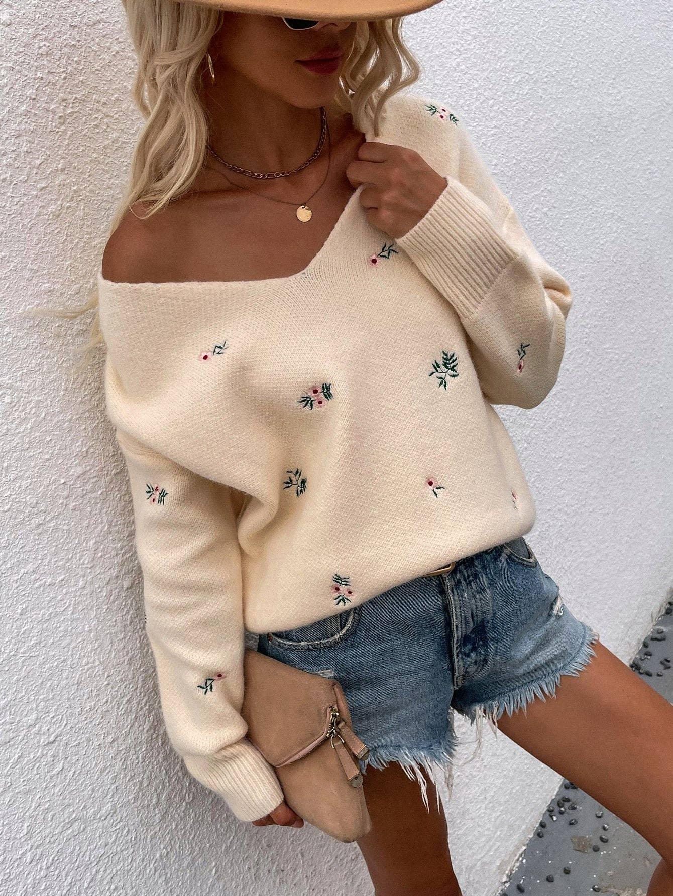 Ladies Flower Embroidery V-Neck Sweater E2201 - SWEETKAMA