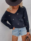 Ladies Flower Embroidery V-Neck Sweater E2201 - SWEETKAMA
