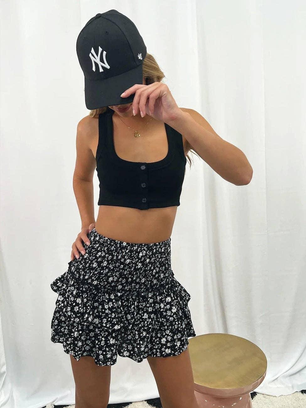 Ladies Flower Print Ruffled Short Pleated Skirt FQRE - SWEETKAMA