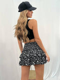 Ladies Flower Print Ruffled Short Pleated Skirt FQRE - SWEETKAMA