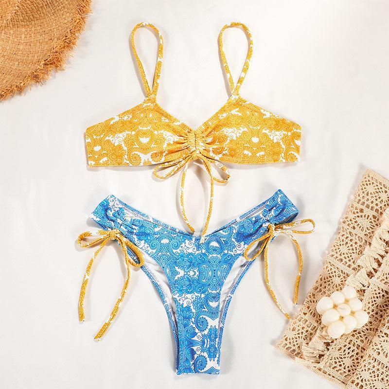 Ladies Flower Print Shoulder Straps Bikini Set MK21055 - SWEETKAMA