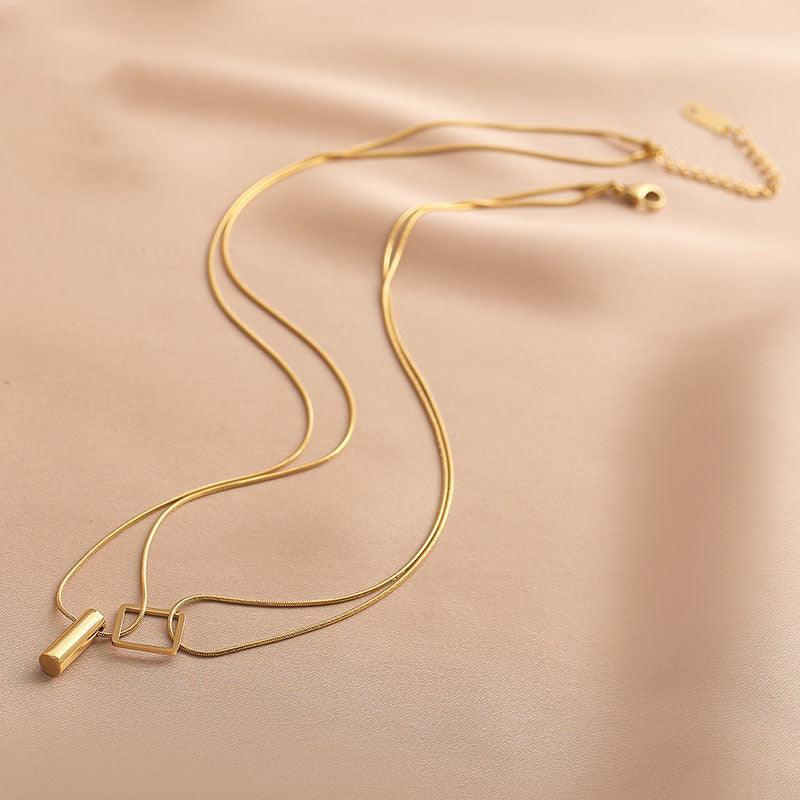 Ladies Gold Column and Square Pendent Necklace SKAJ022 - SWEETKAMA