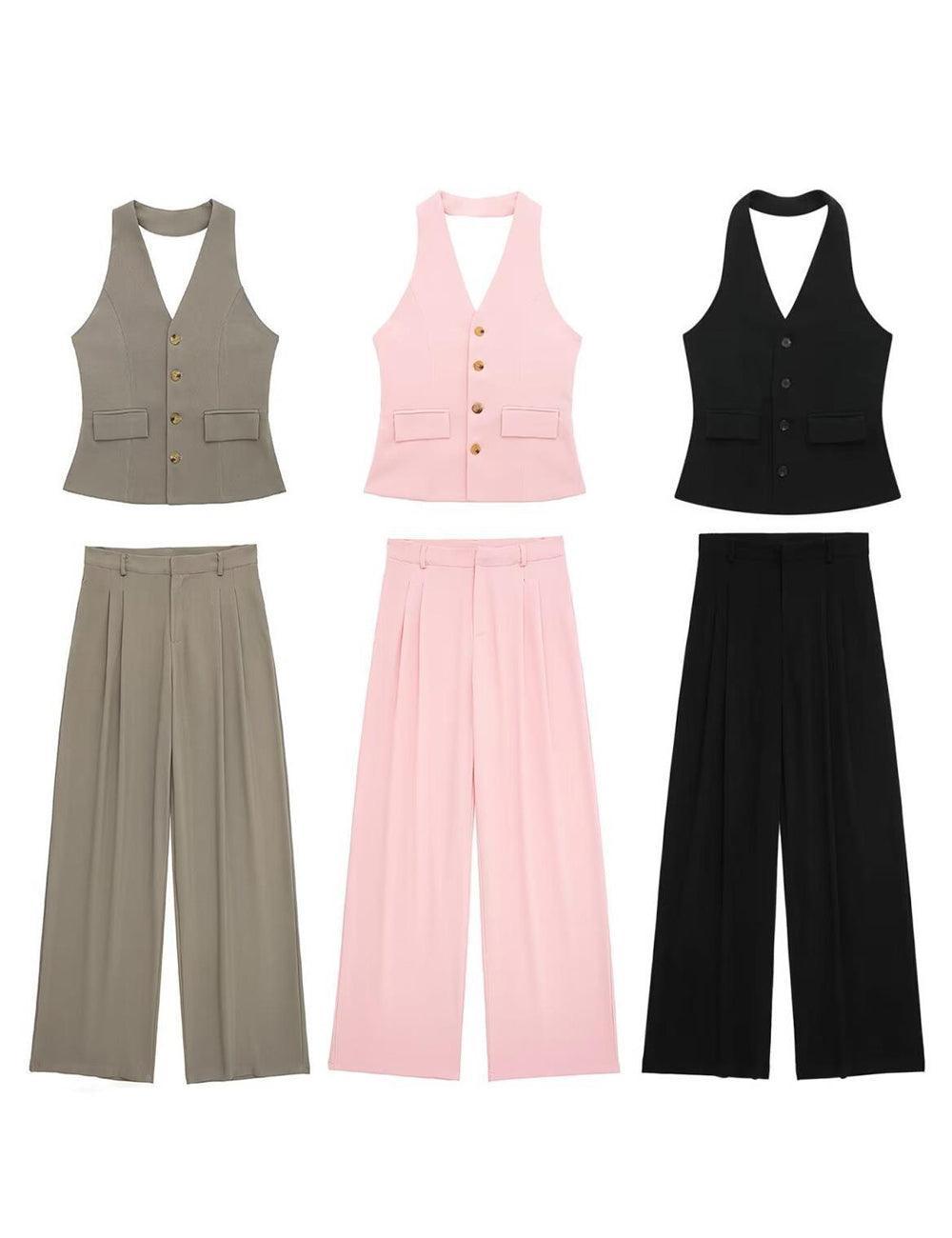 Ladies Halterneck Vest and Straight Pants Set 2251 - SWEETKAMA