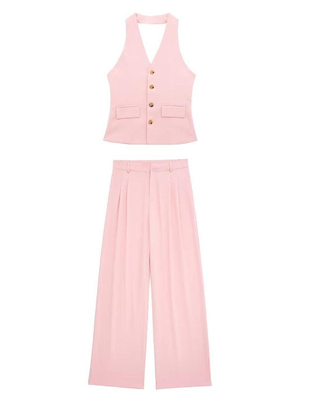 Ladies Halterneck Vest and Straight Pants Set 2251 - SWEETKAMA