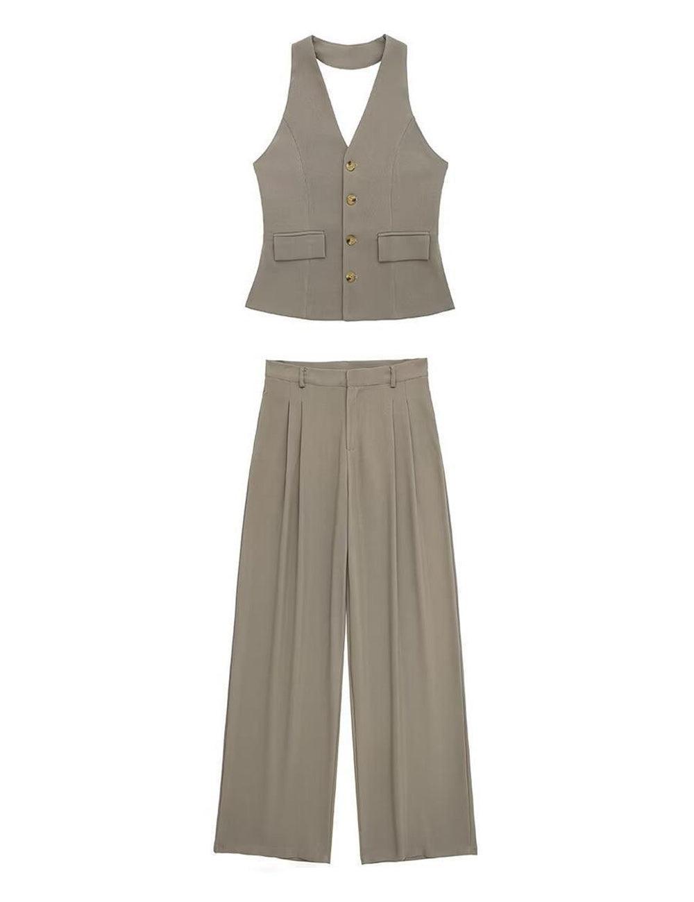 Ladies Halterneck Vest and Straight Pants Set 2251 - SWEETKAMA