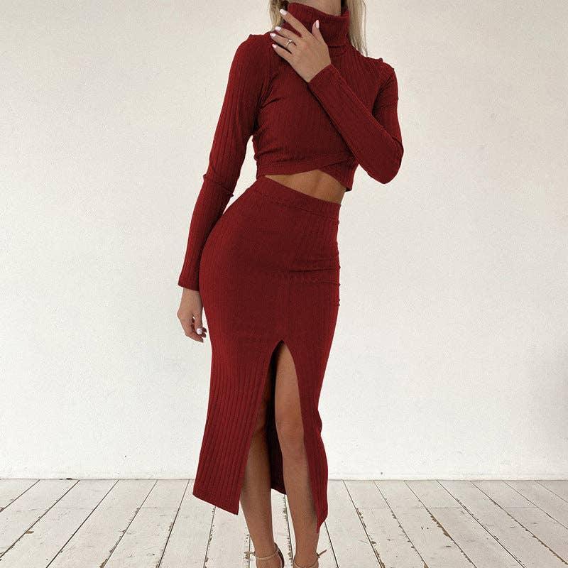 Ladies High Collar Top High Waist Skirt Set D3246XH - SWEETKAMA