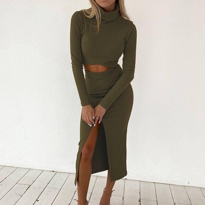 Ladies High Collar Top High Waist Skirt Set D3246XH - SWEETKAMA