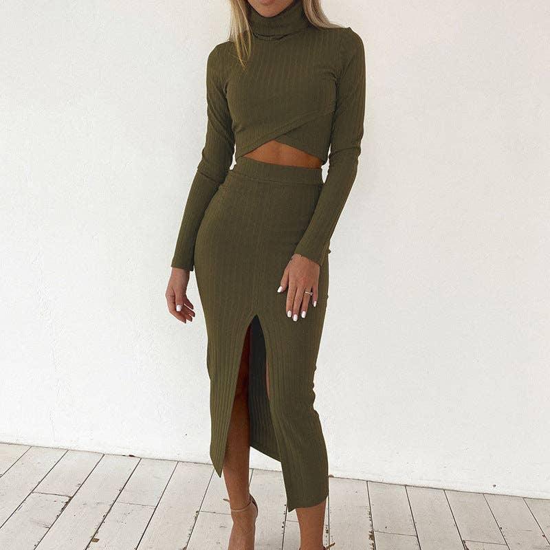 Ladies High Collar Top High Waist Skirt Set D3246XH - SWEETKAMA