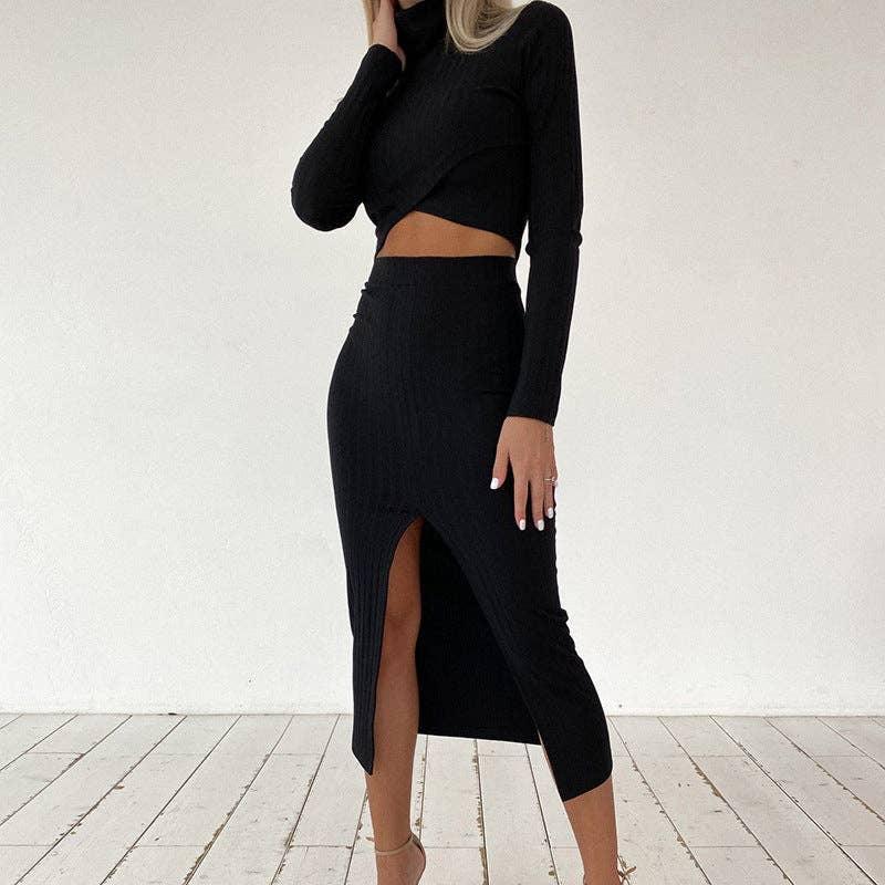 Ladies High Collar Top High Waist Skirt Set D3246XH - SWEETKAMA