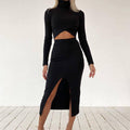 Ladies High Collar Top High Waist Skirt Set D3246XH - SWEETKAMA