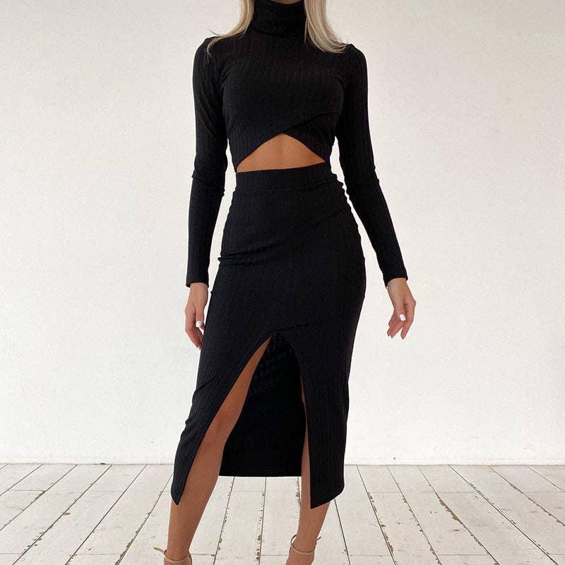 Ladies High Collar Top High Waist Skirt Set D3246XH - SWEETKAMA