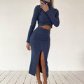 Ladies High Collar Top High Waist Skirt Set D3246XH - SWEETKAMA