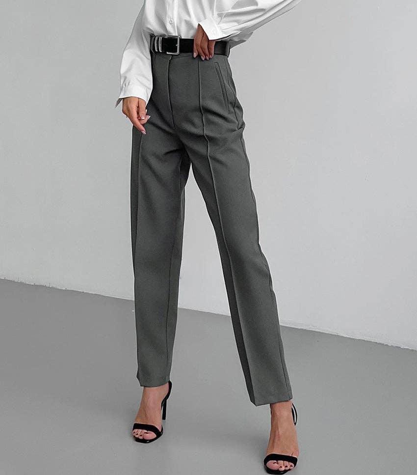 Ladies High Waist Stright Leg Suit Pants C-K7040 - SWEETKAMA
