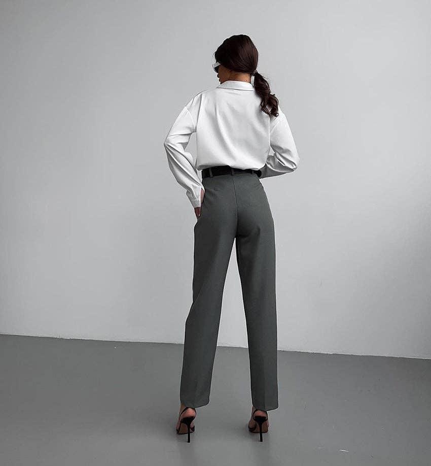 Ladies High Waist Stright Leg Suit Pants C-K7040 - SWEETKAMA