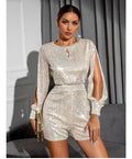 Ladies Jumpsuit Sequined Split Long Sleeve Romper R9065 - SWEETKAMA