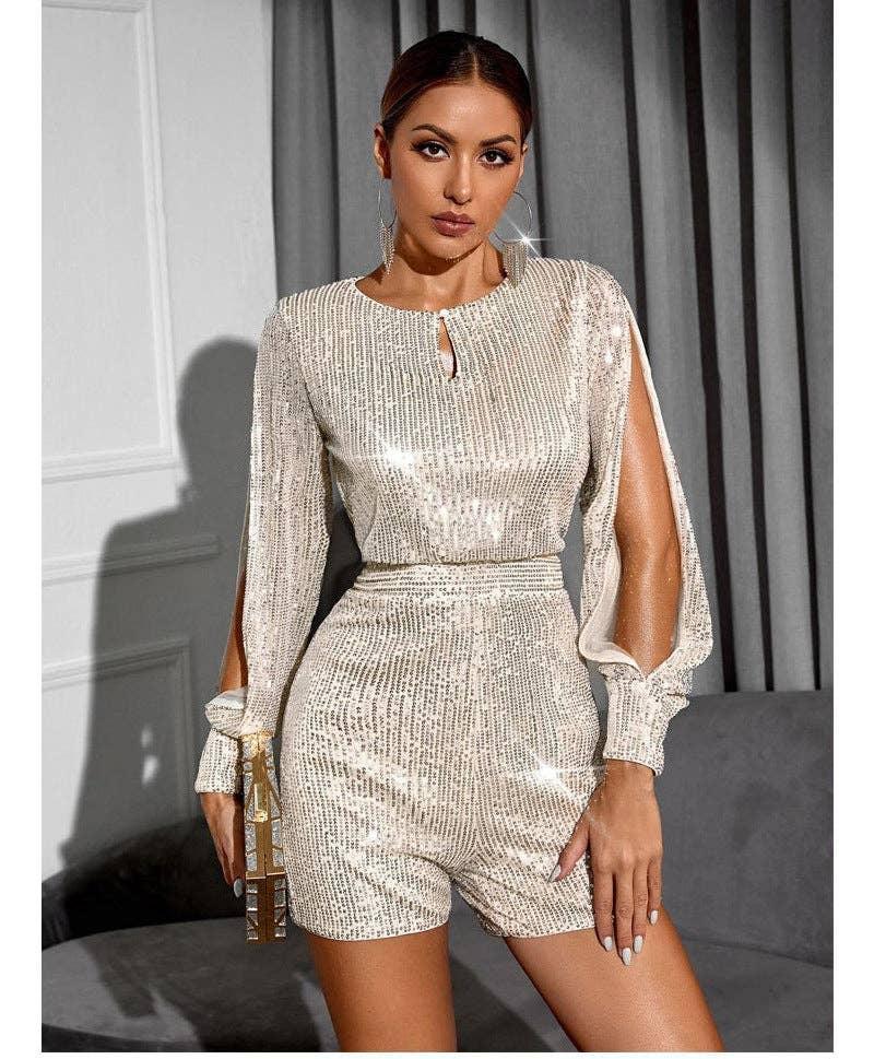 Ladies Jumpsuit Sequined Split Long Sleeve Romper R9065 - SWEETKAMA