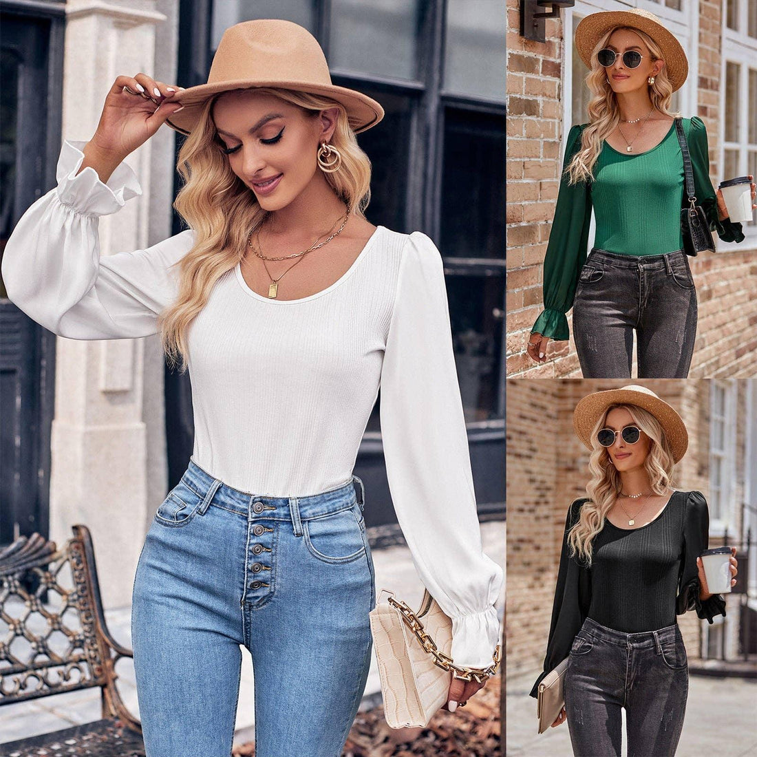 Ladies Lantern Sleeves Round Neck Daily Blouse Y53699 - SWEETKAMA