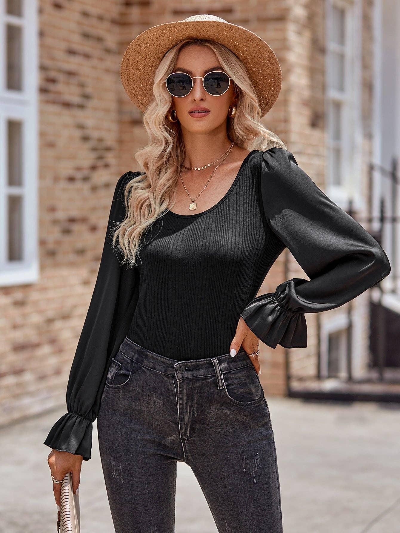Ladies Lantern Sleeves Round Neck Daily Blouse Y53699 - SWEETKAMA