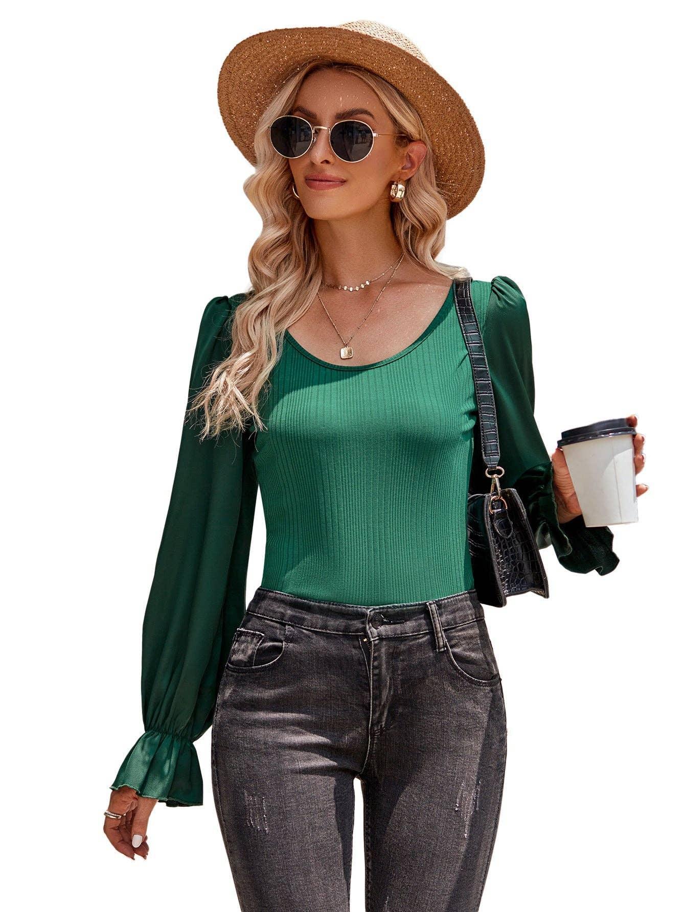 Ladies Lantern Sleeves Round Neck Daily Blouse Y53699 - SWEETKAMA