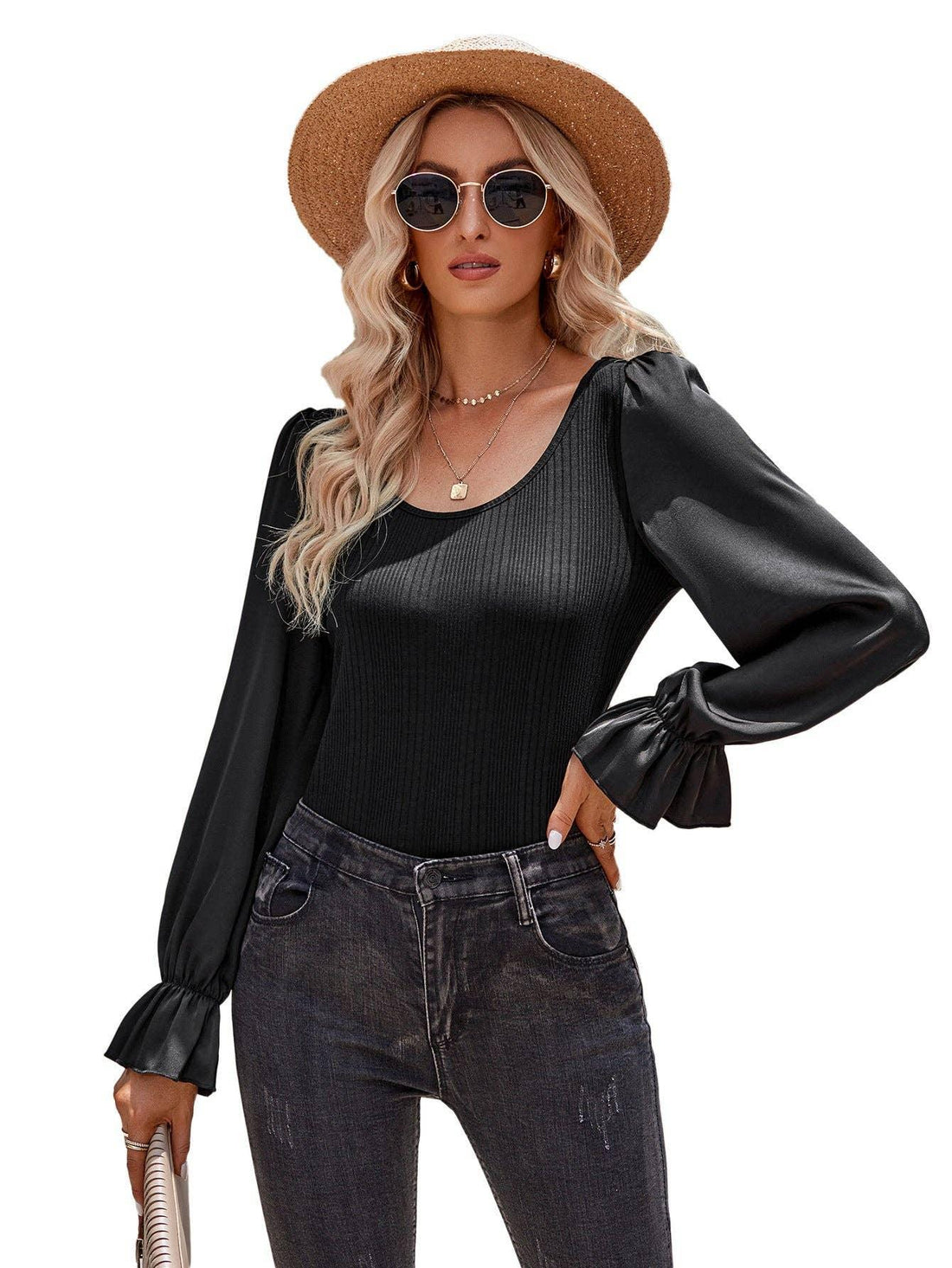 Ladies Lantern Sleeves Round Neck Daily Blouse Y53699 - SWEETKAMA