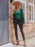 Ladies Lantern Sleeves Round Neck Daily Blouse Y53699 - SWEETKAMA