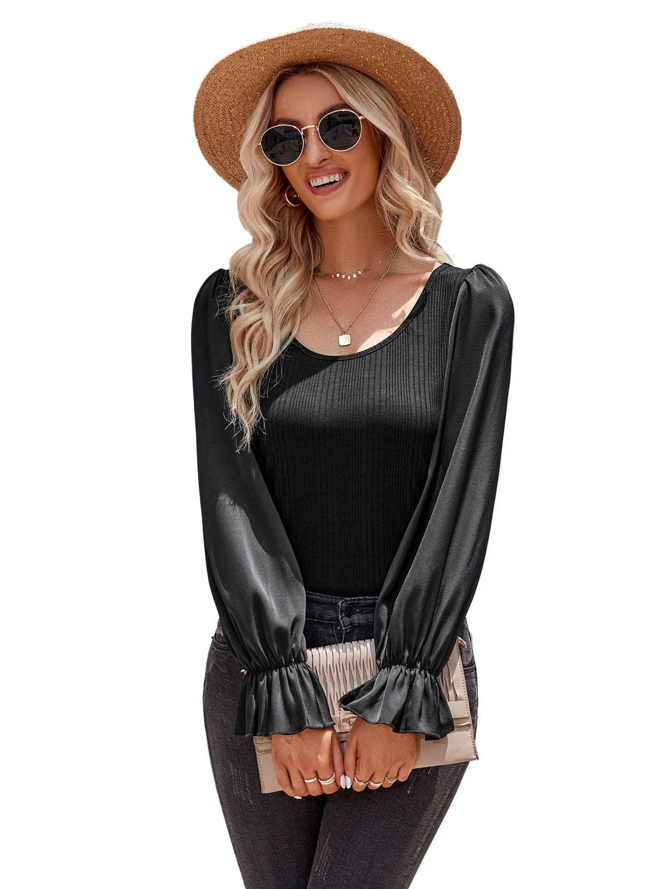 Ladies Lantern Sleeves Round Neck Daily Blouse Y53699 - SWEETKAMA