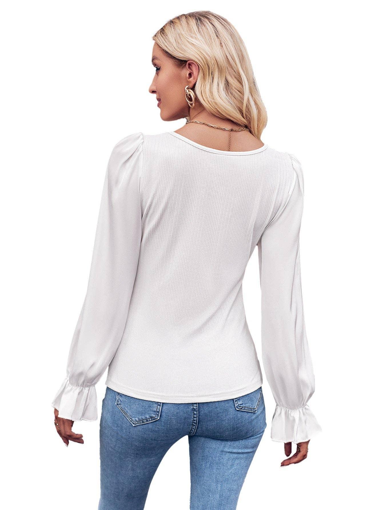 Ladies Lantern Sleeves Round Neck Daily Blouse Y53699 - SWEETKAMA