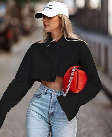 Ladies Lapel Pocket Botton Down Crop Shirt W0306 - SWEETKAMA