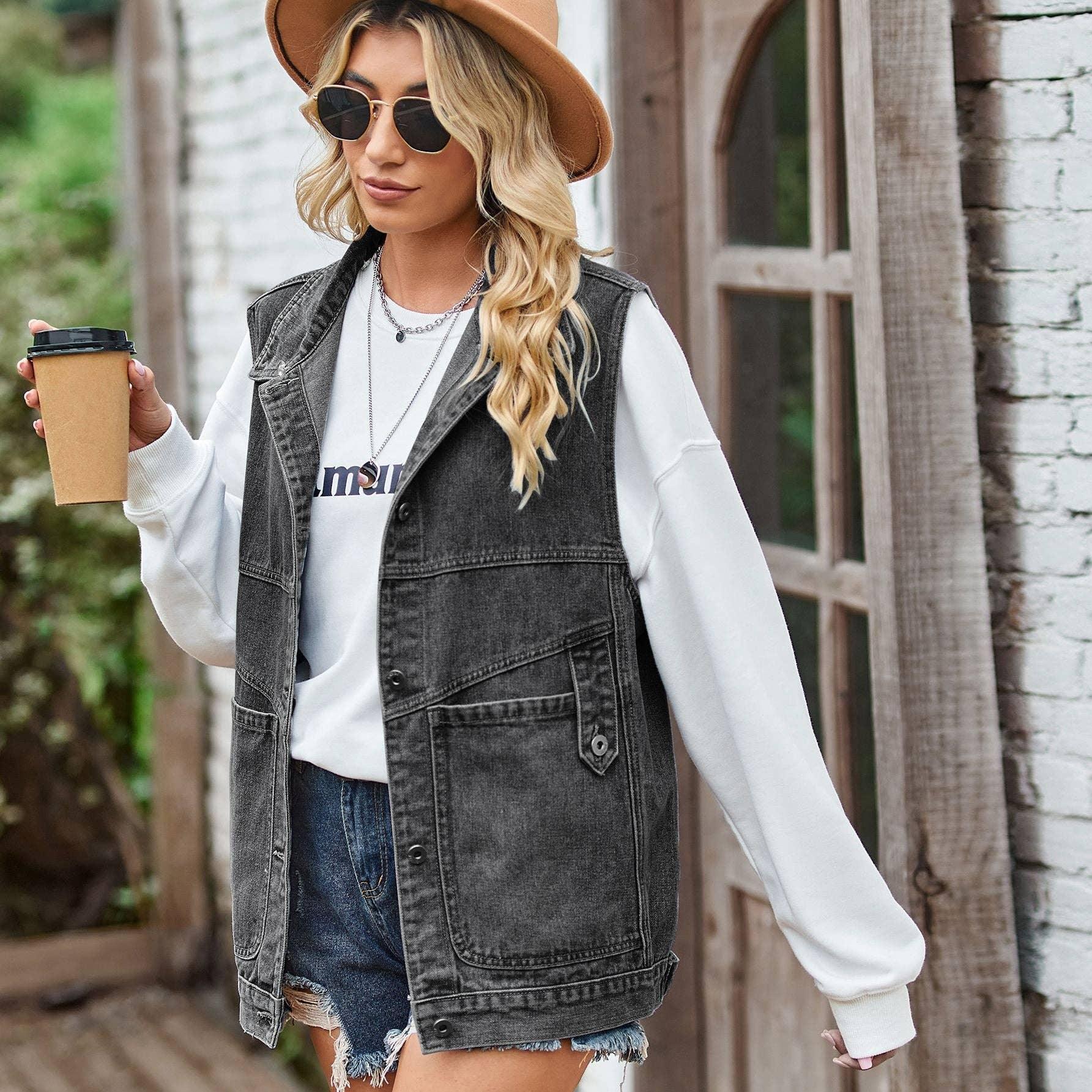 Ladies Lapel Pockets Denim Daily Jacket Vest MN2111 - SWEETKAMA