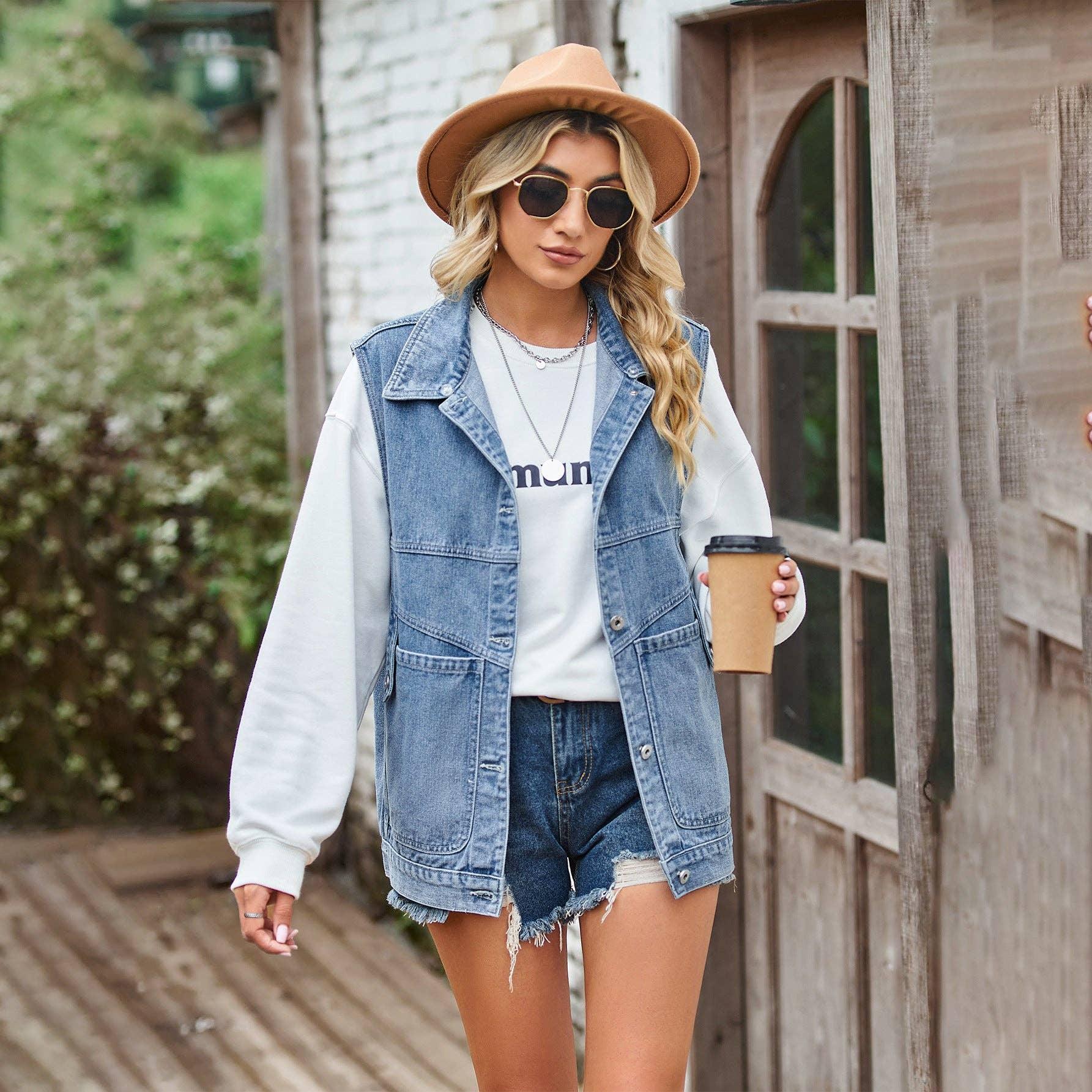 Ladies Lapel Pockets Denim Daily Jacket Vest MN2111 - SWEETKAMA