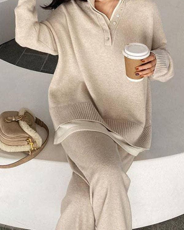 Ladies Lapel V-Neck Sweater and Pants 2PCS Set 8366 - SWEETKAMA