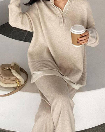 Ladies Lapel V-Neck Sweater and Pants 2PCS Set 8366 - SWEETKAMA