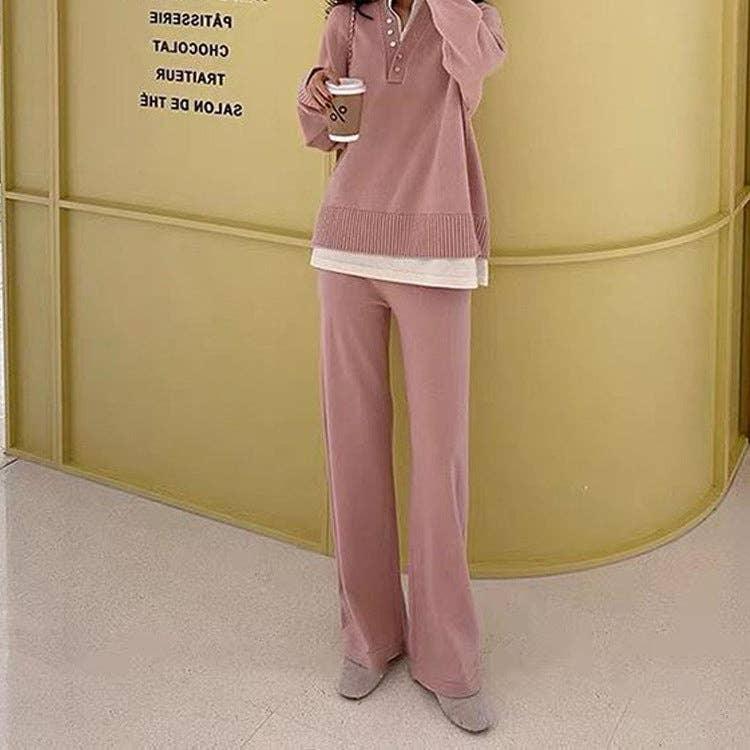 Ladies Lapel V-Neck Sweater and Pants 2PCS Set 8366 - SWEETKAMA
