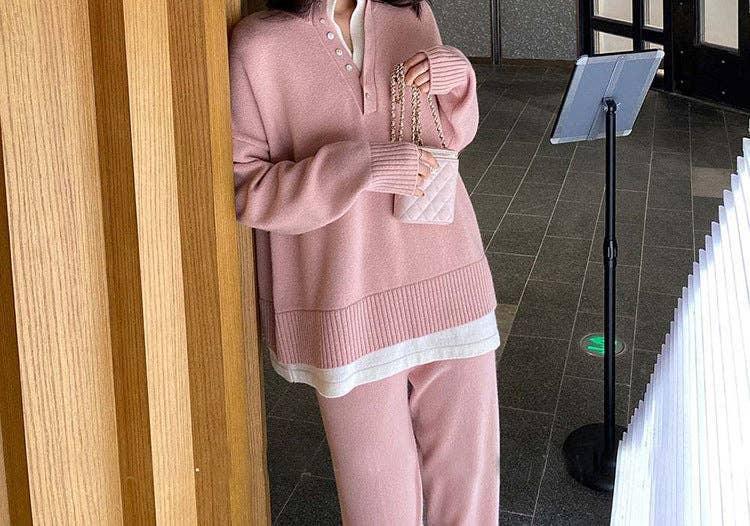 Ladies Lapel V-Neck Sweater and Pants 2PCS Set 8366 - SWEETKAMA