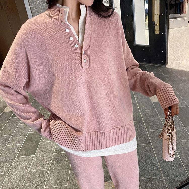 Ladies Lapel V-Neck Sweater and Pants 2PCS Set 8366 - SWEETKAMA