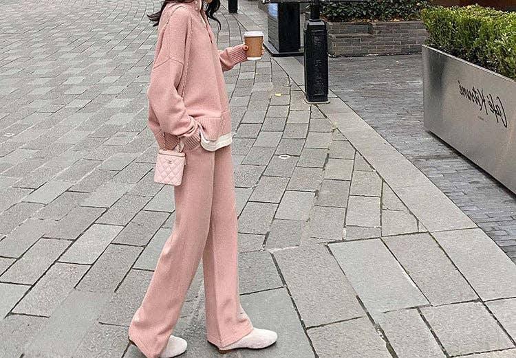 Ladies Lapel V-Neck Sweater and Pants 2PCS Set 8366 - SWEETKAMA
