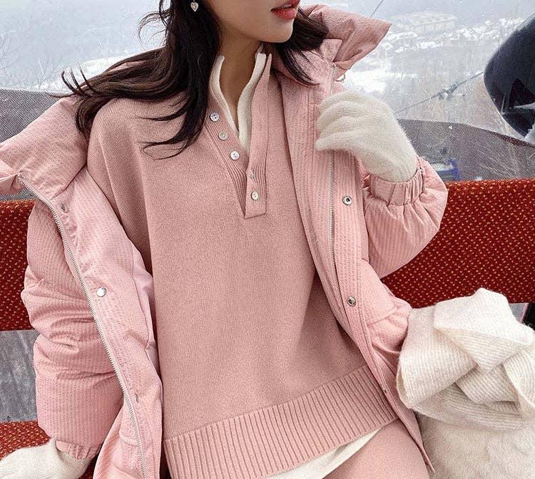 Ladies Lapel V-Neck Sweater and Pants 2PCS Set 8366 - SWEETKAMA
