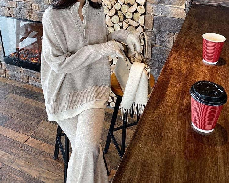 Ladies Lapel V-Neck Sweater and Pants 2PCS Set 8366 - SWEETKAMA