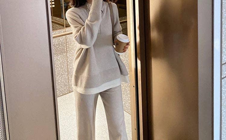 Ladies Lapel V-Neck Sweater and Pants 2PCS Set 8366 - SWEETKAMA
