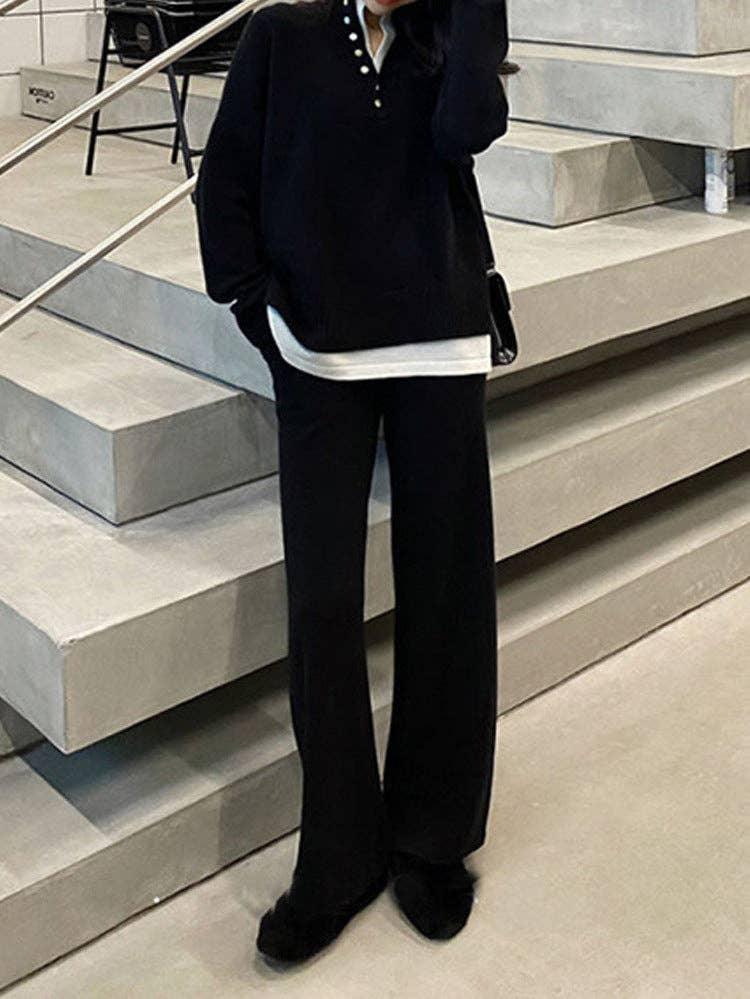 Ladies Lapel V-Neck Sweater and Pants 2PCS Set 8366 - SWEETKAMA