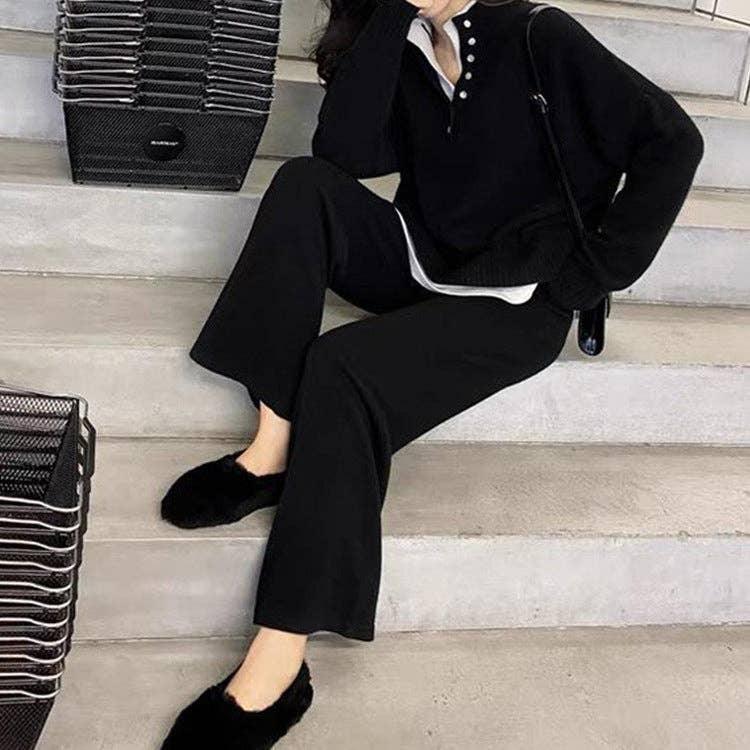 Ladies Lapel V-Neck Sweater and Pants 2PCS Set 8366 - SWEETKAMA