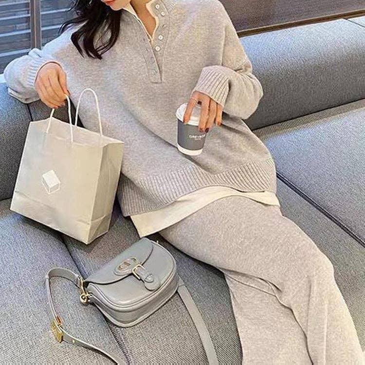 Ladies Lapel V-Neck Sweater and Pants 2PCS Set 8366 - SWEETKAMA