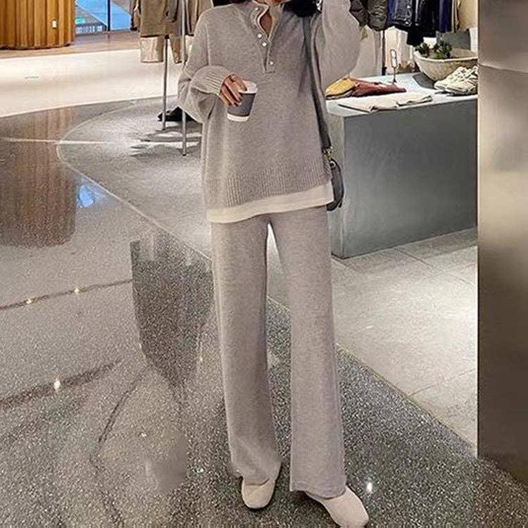 Ladies Lapel V-Neck Sweater and Pants 2PCS Set 8366 - SWEETKAMA