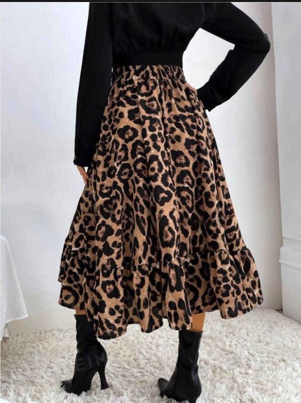 Ladies Leopard Print Ruffle Hem Midi Skirt GG009 - SWEETKAMA