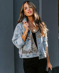 Ladies Leopard Splice Ripped Denim Jacket MN2014 - SWEETKAMA